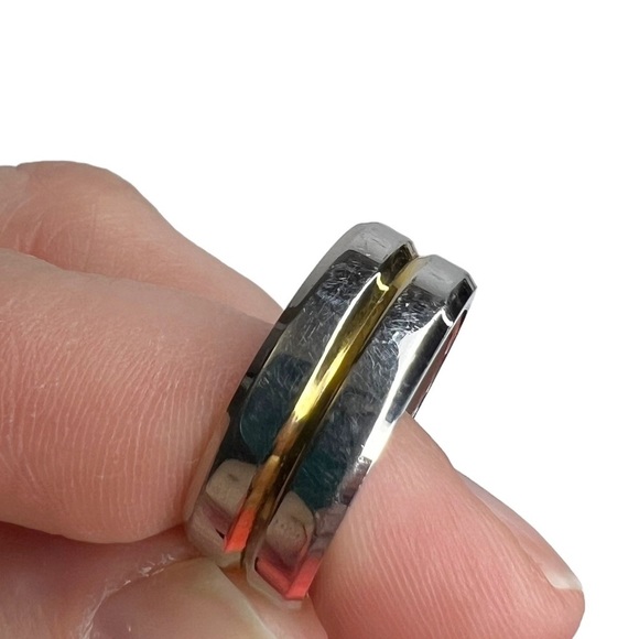 Silver Stainless Steel & Gold Tone Groove Wide Band Ring - Picture 8 of 10